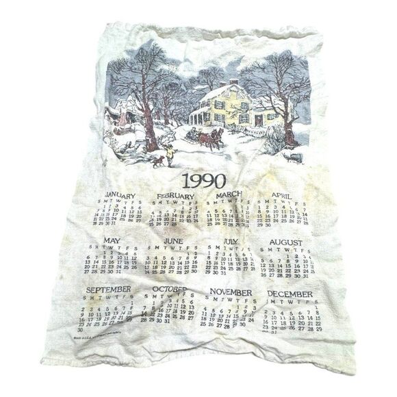 Vintage 1990 Linen Calendar Tea Towel Winter Scene Landscape Cottagecore READ - Picture 2 of 6